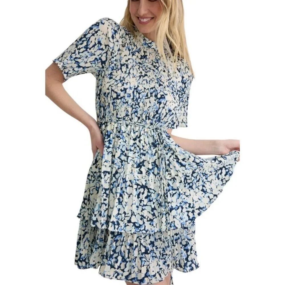 Derek Lam Size 8 Tiered Mini Dress Blue Floral Print Ruffled Ties At the Waist